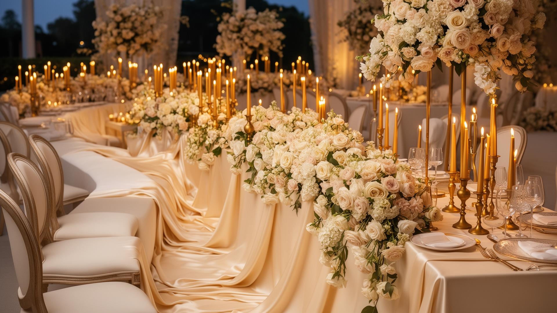 Candlelit serpentine table dressed in cream silk with cascading ivory florals