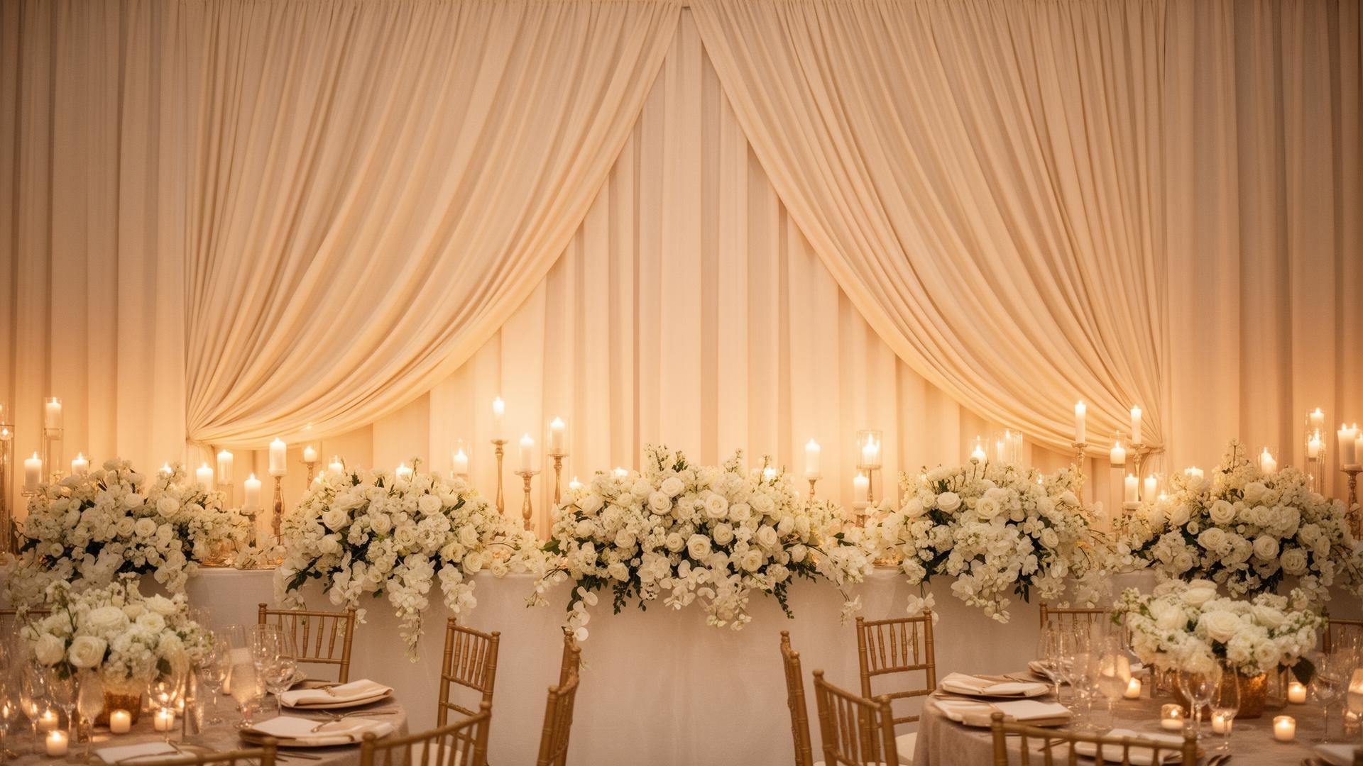 Ivory pipe and drape backdrop with cascading florals and candlelight